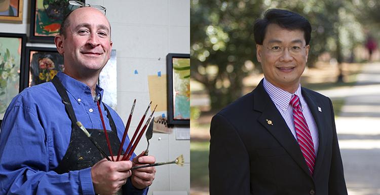 Dr. Romulus Godang, left, professor of physics, and Benjamin Shamback, professor of visual arts, were selected respectively as Phi Kappa Phi's scholar and artist of the year.