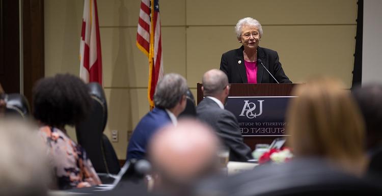 Gov. Kay Ivey temporarily chaired Thursday's University of South Alabama Board of Trustees meeting. She also toured campus and met with administration, student, faculty and alumni leaders.