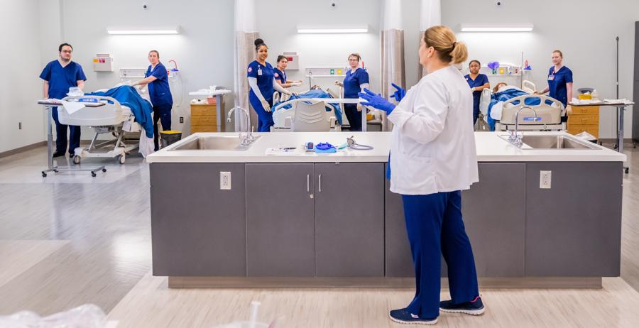 Nursing students in a lab
